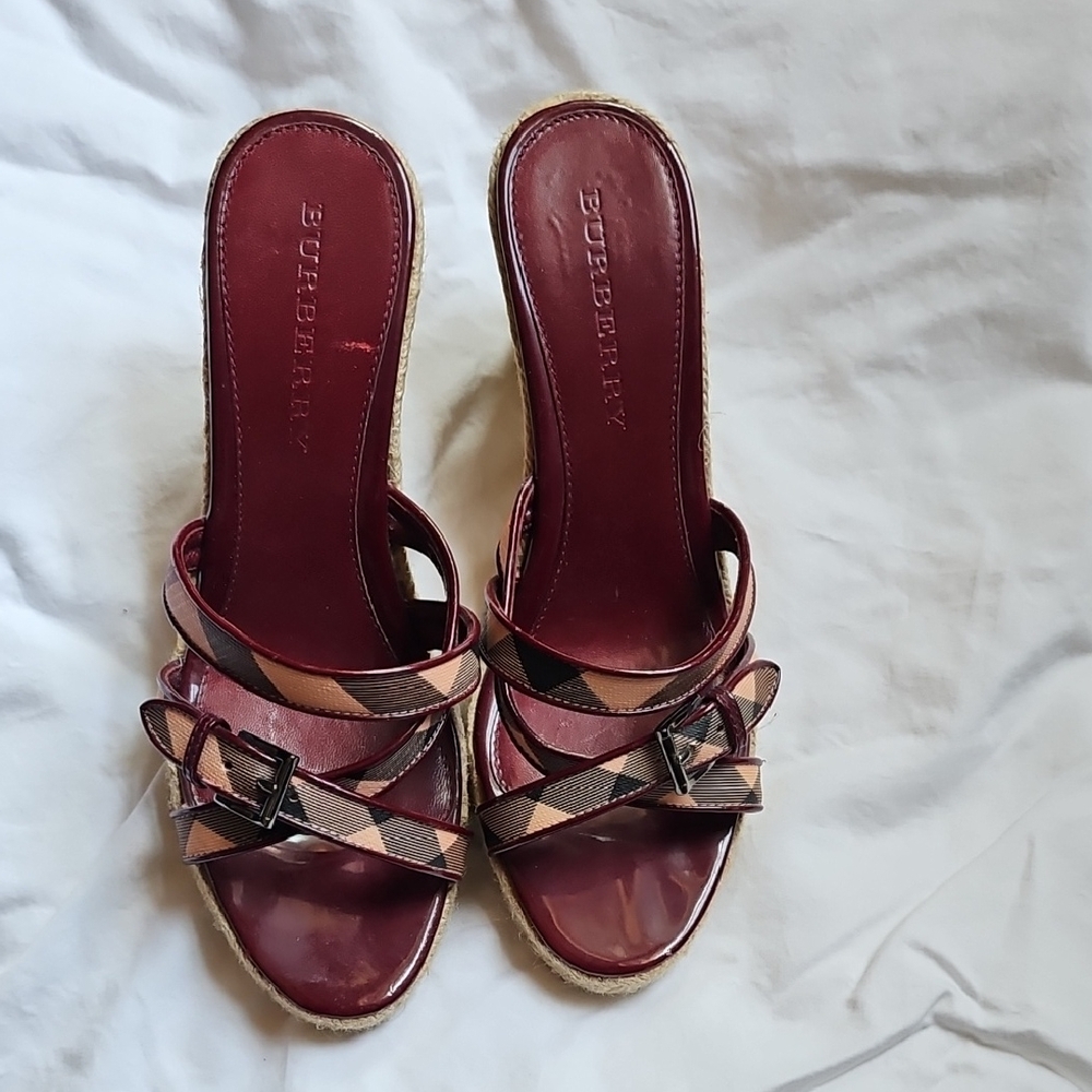 Burberry Burgundy Leather & Iconic Nova Check Slide Mules